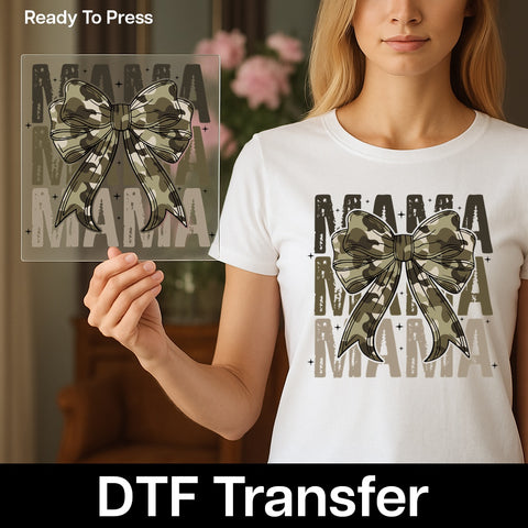 Cute Camo Mama Bow DTF Transfer Ready To Press for Stylish Mom Shirts & Apparel, Mother's Day Gift, Outdoor Mom Life Theme