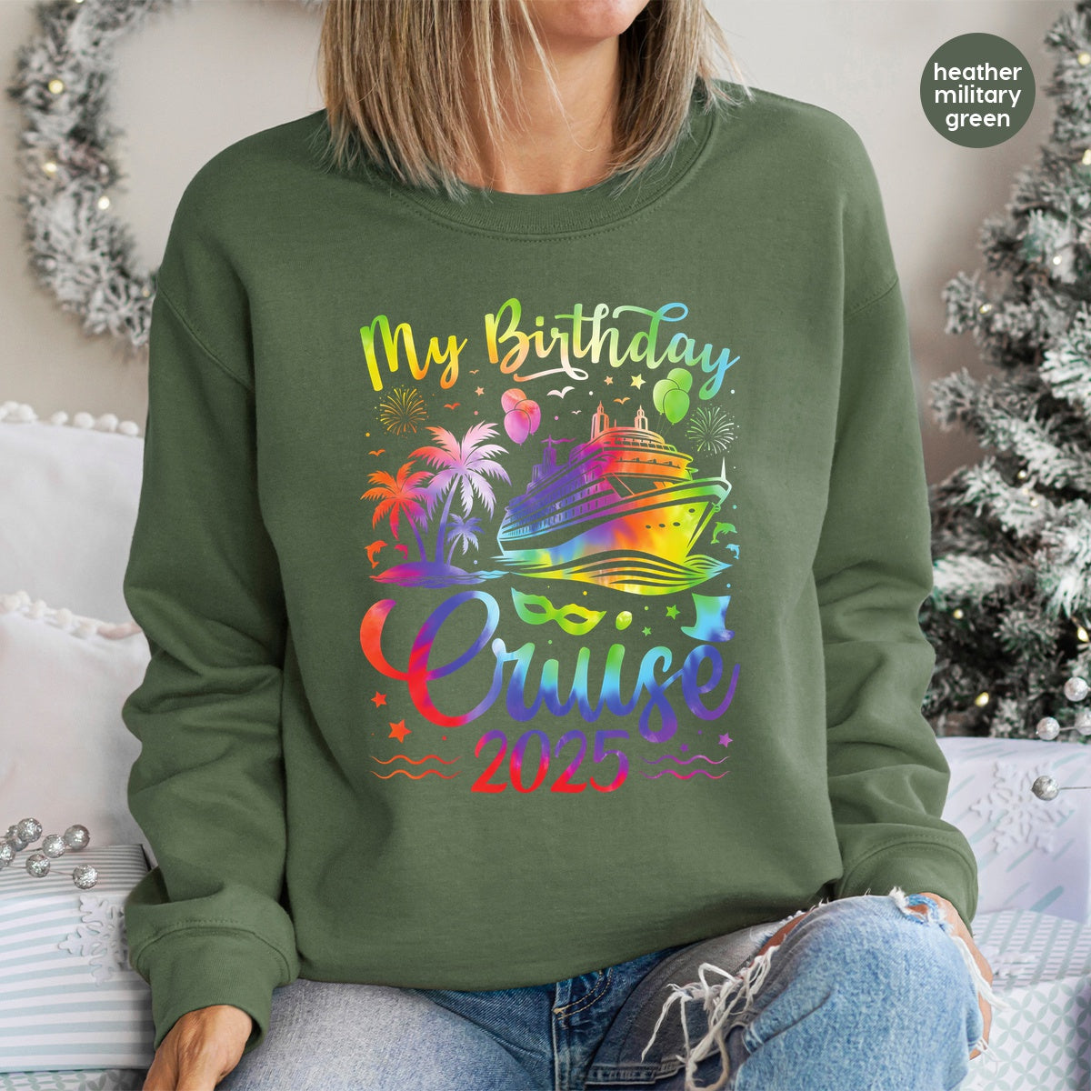 Birthday Cruise Party DTF Transfer for Family & Friends | Vibrant Cruise Ship, Palm Trees, Fireworks, & Balloons Iron-On Design