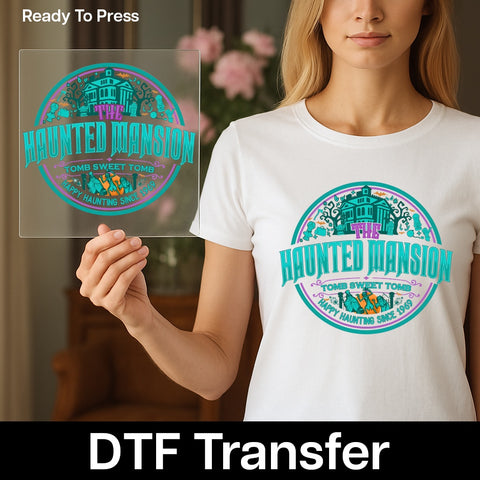 Haunted Mansion Halloween DTF Transfer | Funny Gothic Teal & Violet Iron-On for Family Apparel