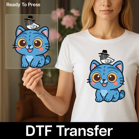 Cute Blue Cat & Bird Hat DTF Transfer for Kids & Family Apparel, Ready to Press Iron-On for Animal Lovers, Matching Event Shirts