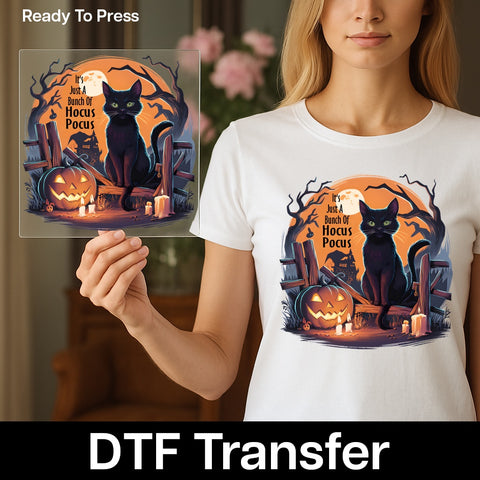 Funny Halloween Black Cat & Pumpkin DTF Transfer Iron-On for Cute Party T-Shirt, Ready to Press Hocus Pocus Theme Apparel