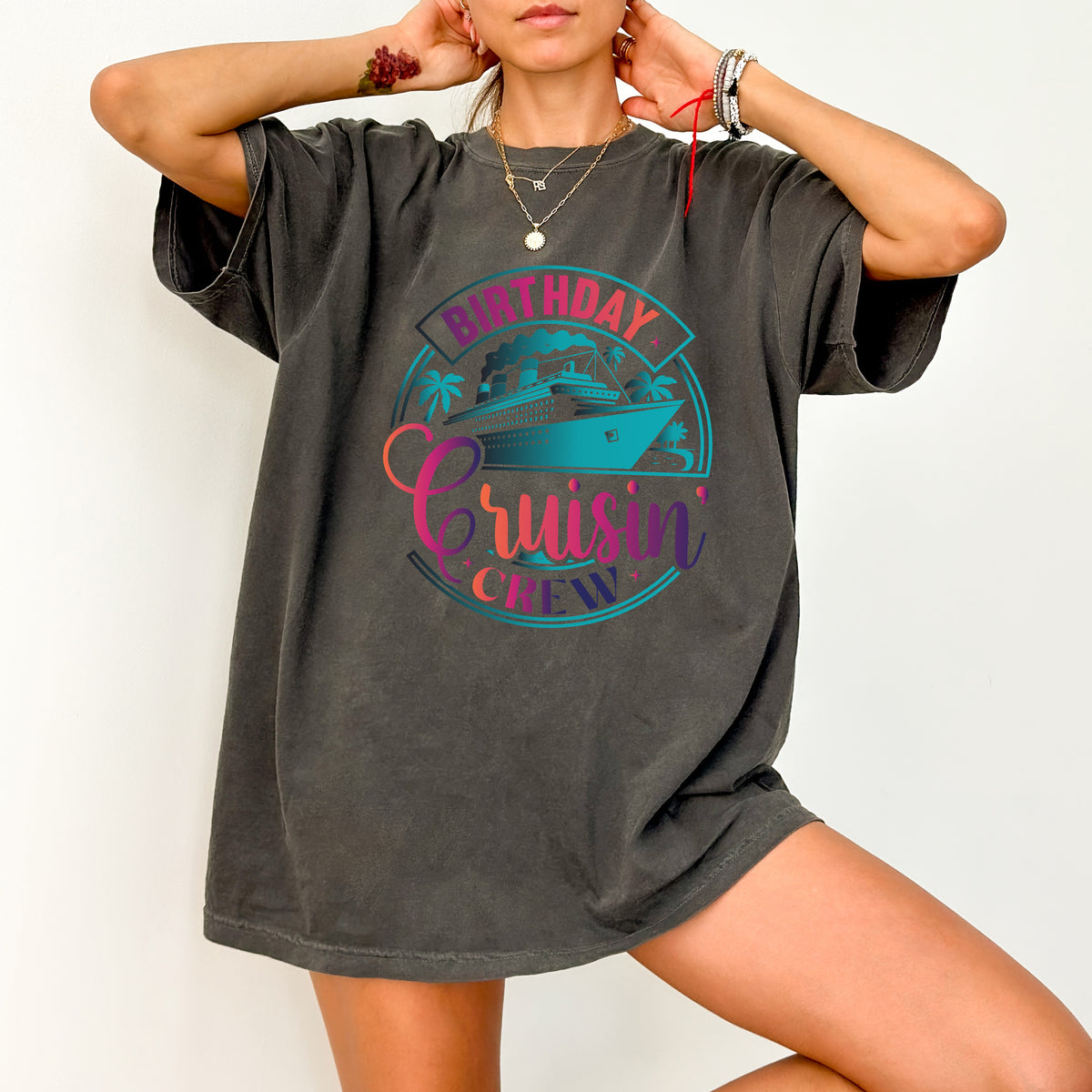 Birthday Cruise Celebration Retro Tropical DTF Transfer, Ready To Press Iron-On for Shirts, Birthday Cruisin' Crew T-Shirt Design