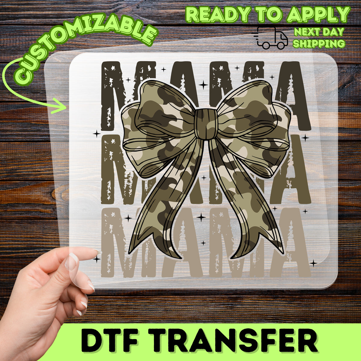 Cute Camo Mama Bow DTF Transfer Ready To Press for Stylish Mom Shirts & Apparel, Mother's Day Gift, Outdoor Mom Life Theme
