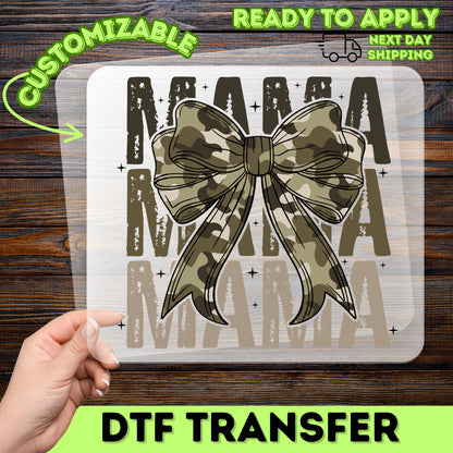 Cute Camo Mama Bow DTF Transfer Ready To Press for Stylish Mom Shirts & Apparel, Mother's Day Gift, Outdoor Mom Life Theme