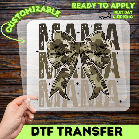 Cute Camo Mama Bow DTF Transfer Ready To Press for Stylish Mom Shirts & Apparel, Mother's Day Gift, Outdoor Mom Life Theme