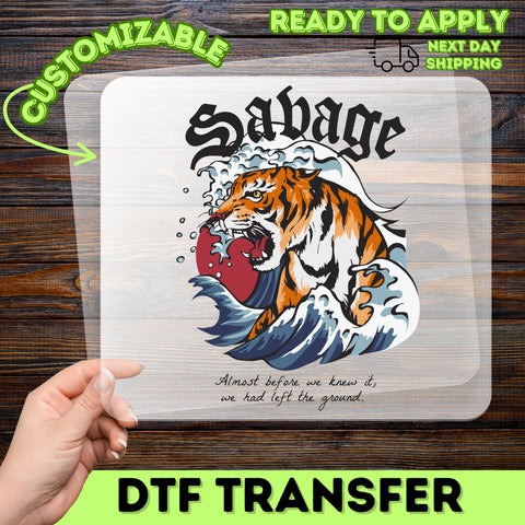 Savage Tiger & Waves Adventure Graphic DTF Transfer for Bold Apparel & Sports Teams, Ready To Press Tattoo Style