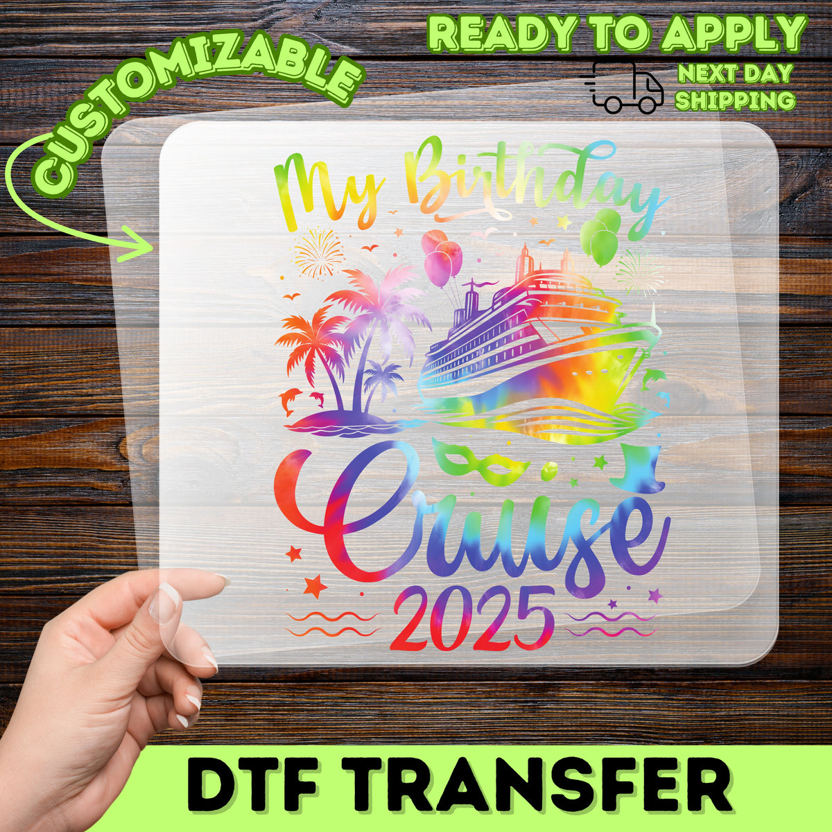 Birthday Cruise Party DTF Transfer for Family & Friends | Vibrant Cruise Ship, Palm Trees, Fireworks, & Balloons Iron-On Design