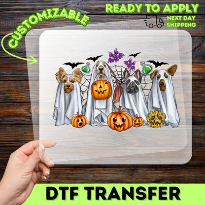 Cute Halloween DTF Transfer Iron-On Ghost Dogs & Pumpkins Funny Pet Theme Ready To Press T-Shirt Design for Dog Lovers