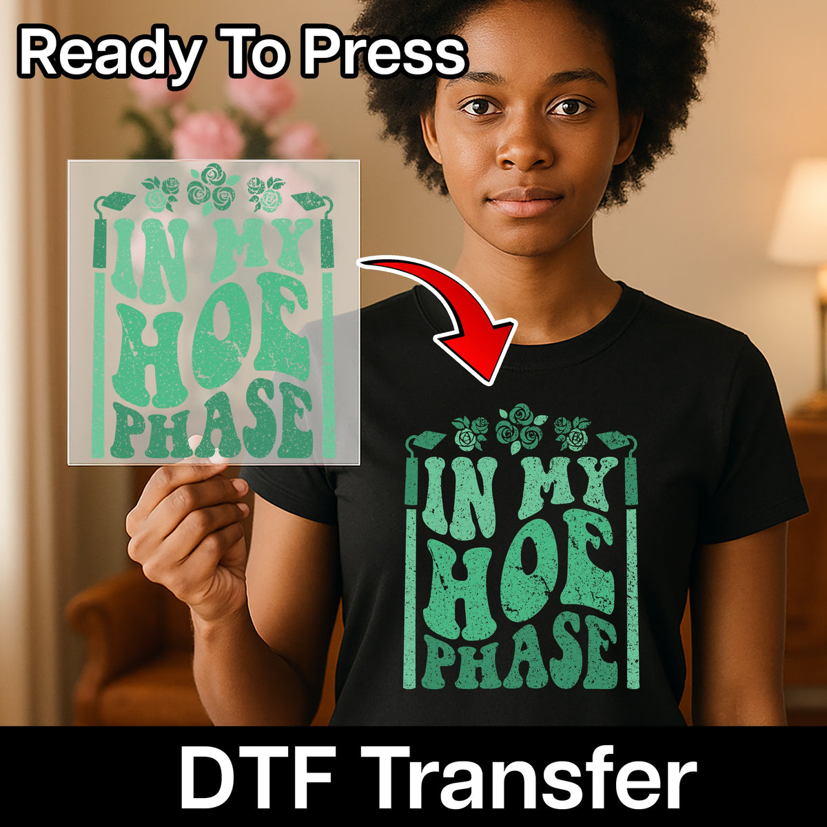 Funny Graduation DTF Transfer Iron-On 'In My Hoe Phase' Retro Humor Tee for Young Adults & College Graduates