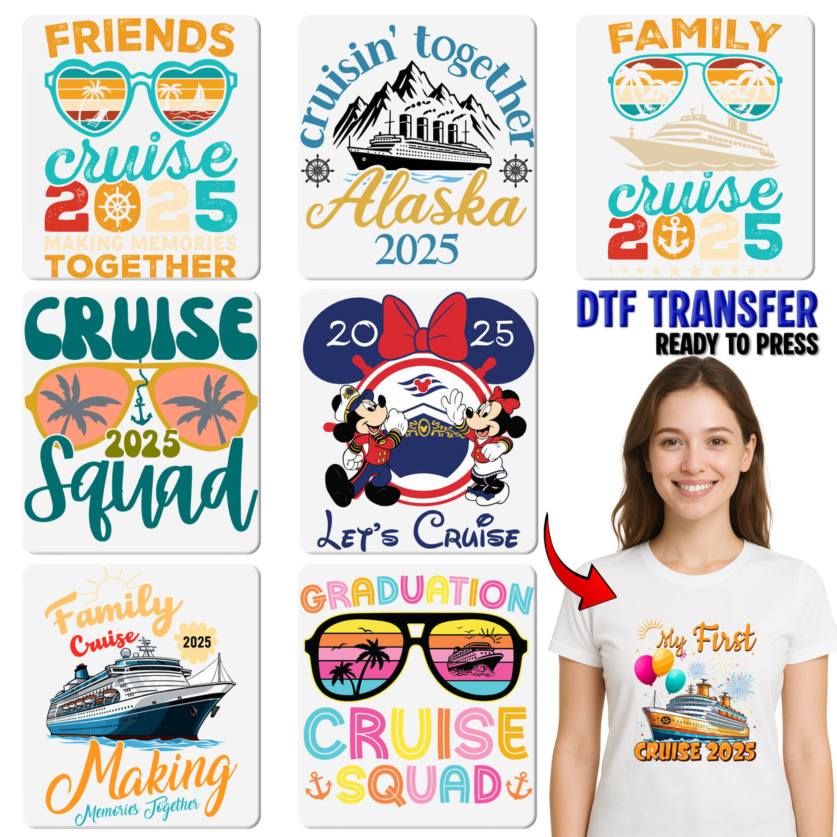 Our First Cruise 2025 Cute Retro DTF Transfer Ready to Press for Family & Friends Vacation T-shirt Iron-On Apparel