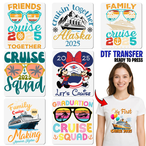 Our First Cruise 2025 Cute Retro DTF Transfer Ready to Press for Family & Friends Vacation T-shirt Iron-On Apparel