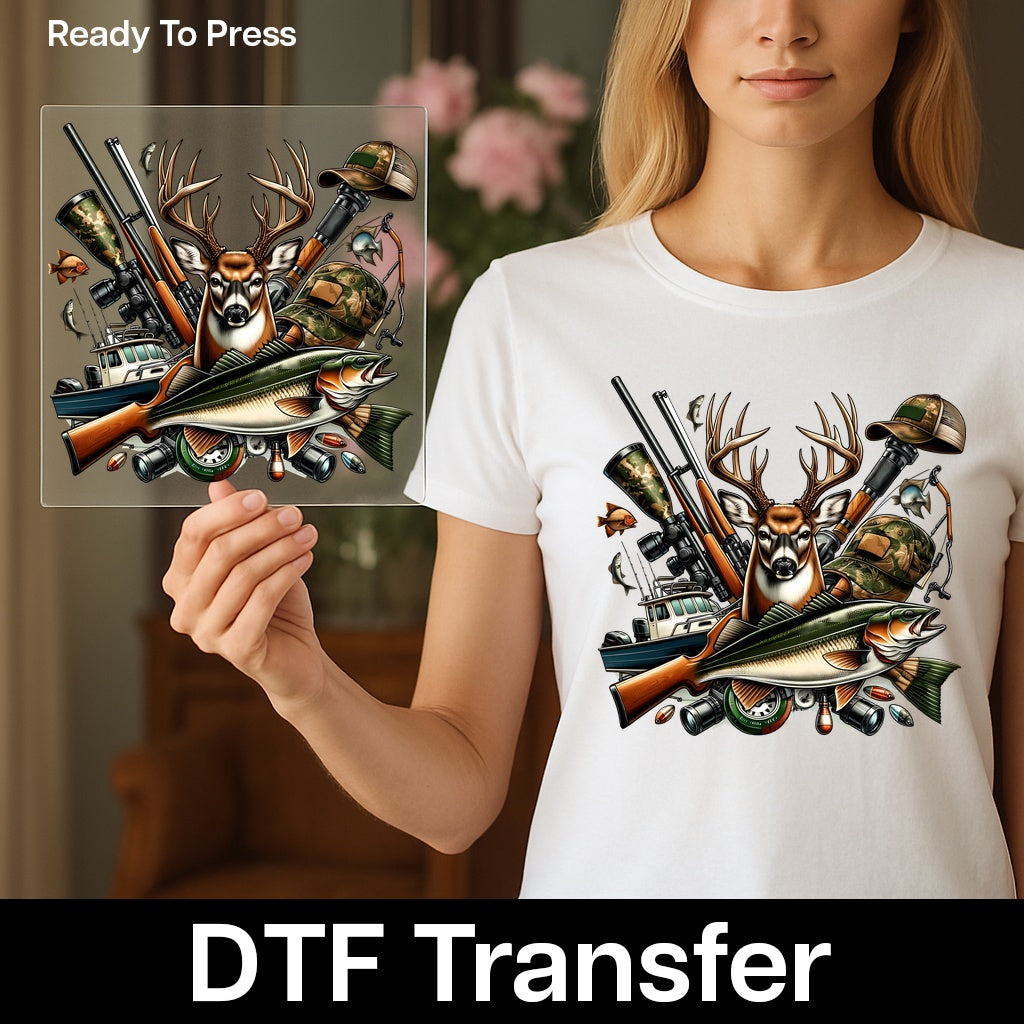 Outdoor Adventure Deer & Fish Realistic Hunting DTF Transfer for Hunting & Fishing Club Shirts & Apparel