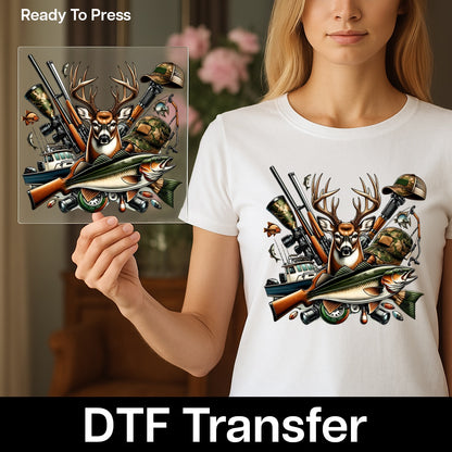Outdoor Adventure Deer & Fish Realistic Hunting DTF Transfer for Hunting & Fishing Club Shirts & Apparel
