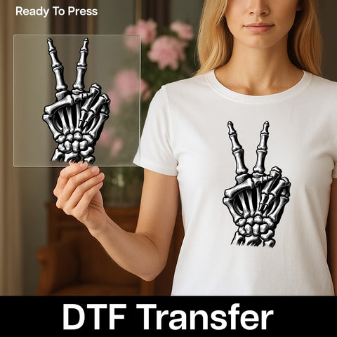 Skeletal Hand Peace Sign Halloween DTF Transfer Ready to Press for Edgy Gothic Shirt or Sweatshirt Alternative Apparel