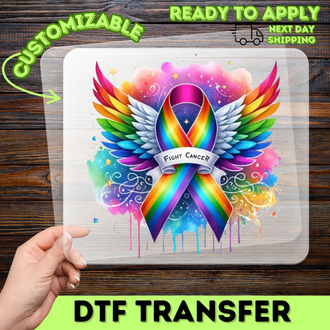 Fight Cancer Rainbow Ribbon DTF Transfer, Cute & Inspirational Iron-On for Survivor Support Apparel, Angel Wings Holiday Gift