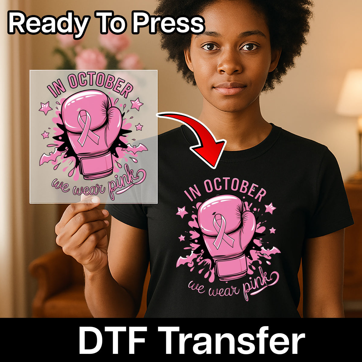 Empowering Pink Boxing Glove Breast Cancer Awareness DTF Transfer T-shirt Iron-On for October Support