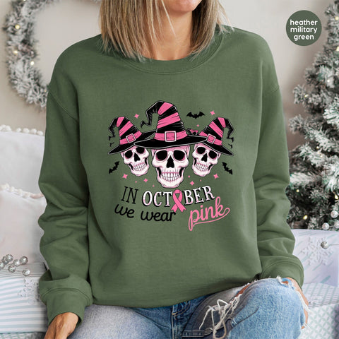 Halloween & Breast Cancer Awareness DTF Transfer for Women T-Shirts Ready to Press Skull Witch Hat Pink Ribbon