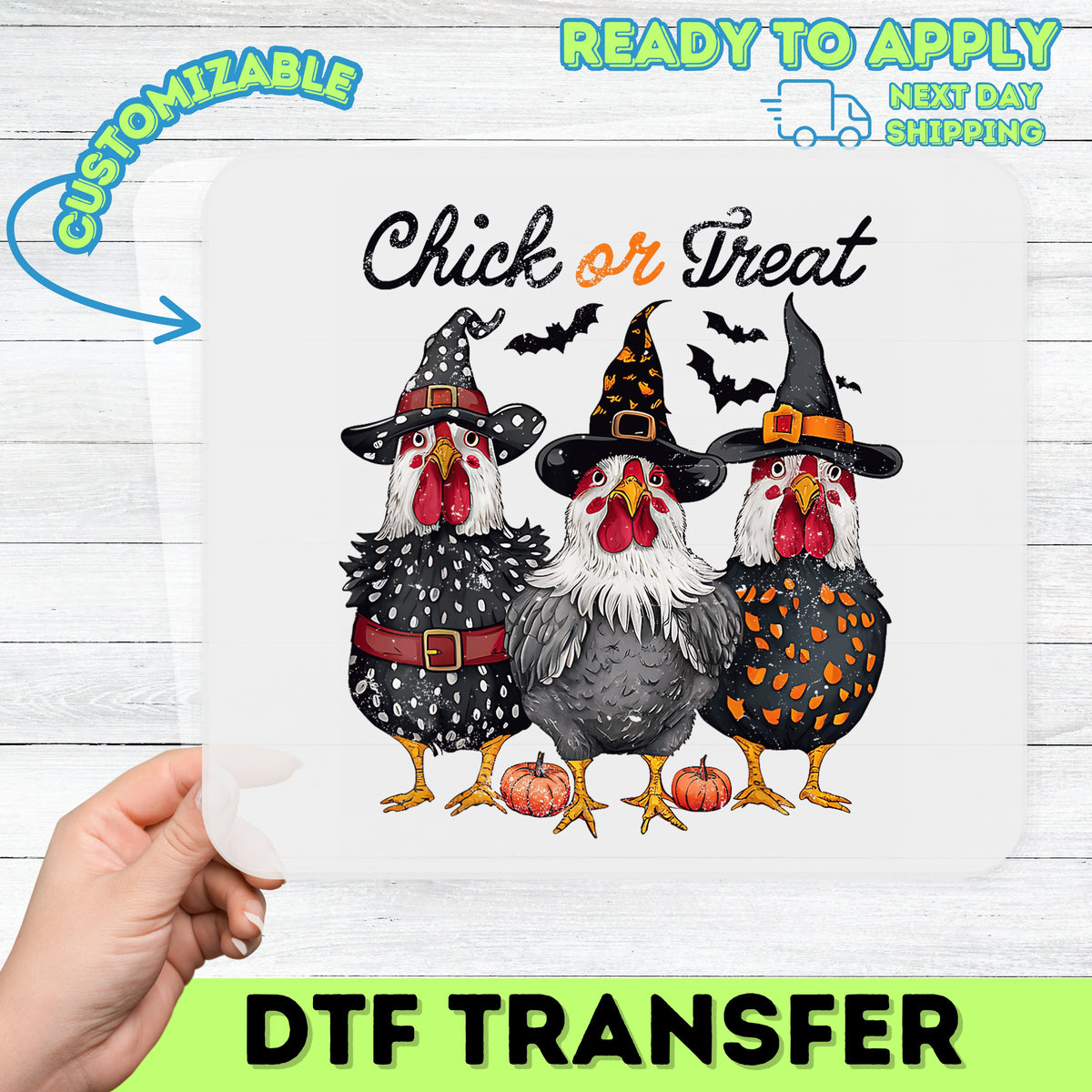 Iron-On Funny Halloween Chick or Treat DTF Transfer for T-Shirts & Apparel - Cute Witch Chicken Ready To Press Design