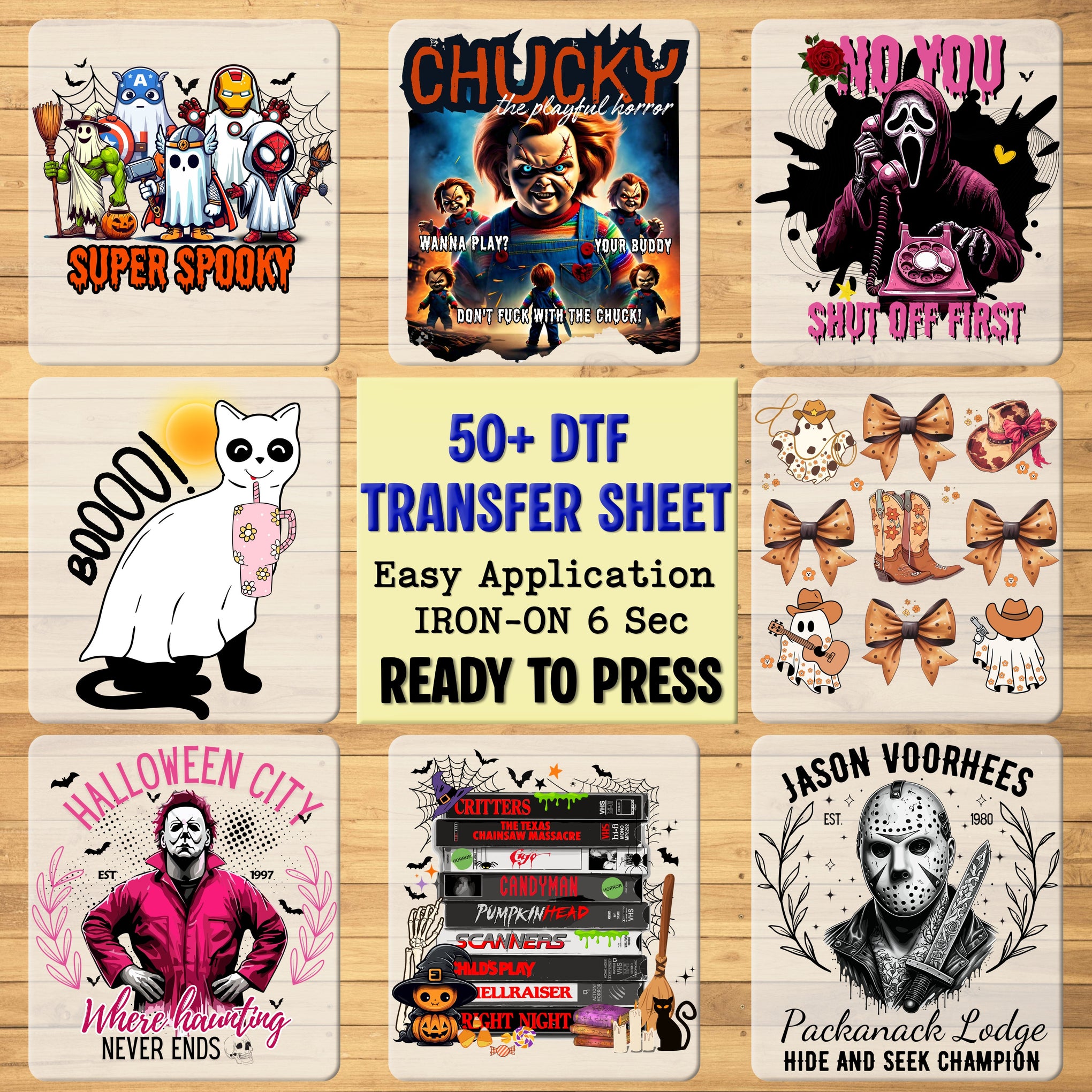Horror Movie Marathon DTF Transfer for Halloween Shirts & Apparel - Retro Vintage Iron-On Classic Characters, Ready To Press
