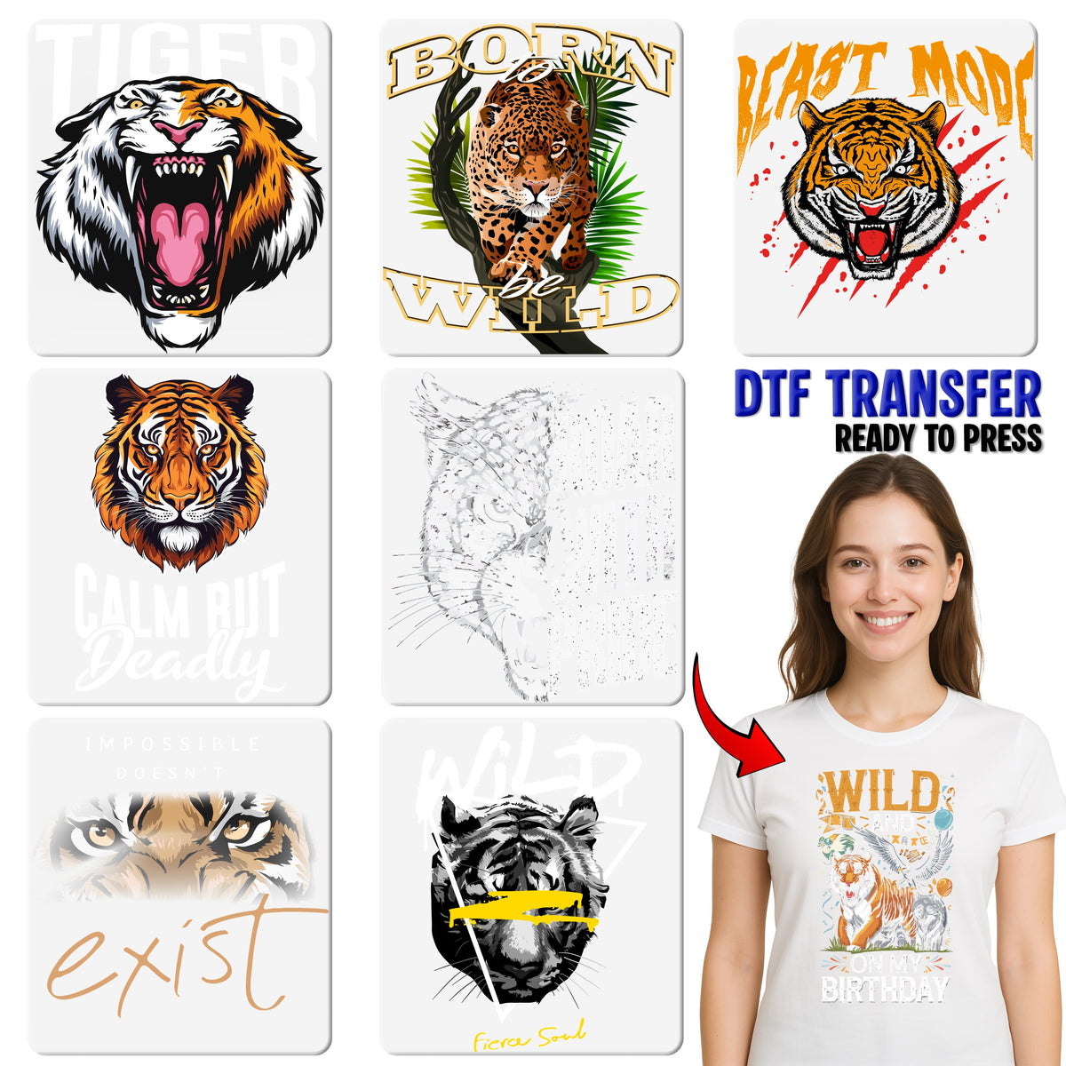 Bold Motivational Tiger DTF Transfer for Gym Apparel & Fearless Soul Adventure Tees
