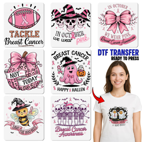 Cute Pink Jeep Halloween DTF Transfer Breast Cancer Awareness Iron-On for Women's T-Shirt Fun Spooky Group Costume