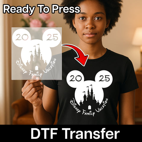 Disney Family Vacation 2025 DTF Transfer T-Shirt - Cute Castle Silhouette & Mouse Ears Design for Group Trips