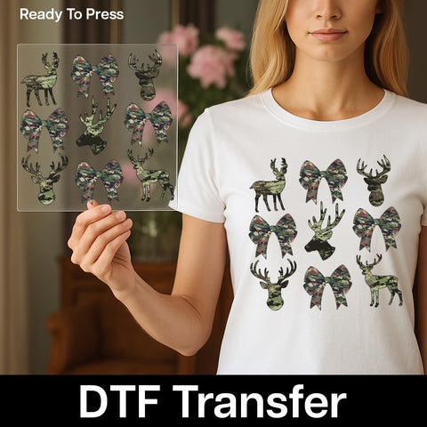 Rustic Camouflage Deer & Bow Design DTF Transfer for Outdoorsy Funny Hunting Apparel - Ready To Press Nature Lover Shirt Gift
