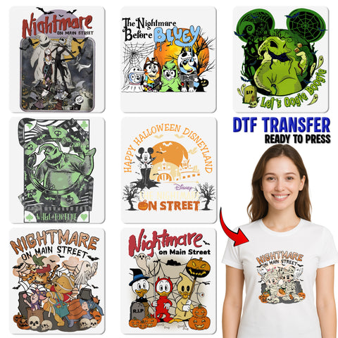 Ready to Press DTF Transfer 'Nightmare on Main Street' Cute Halloween Design for Family T-Shirts & Sweatshirts
