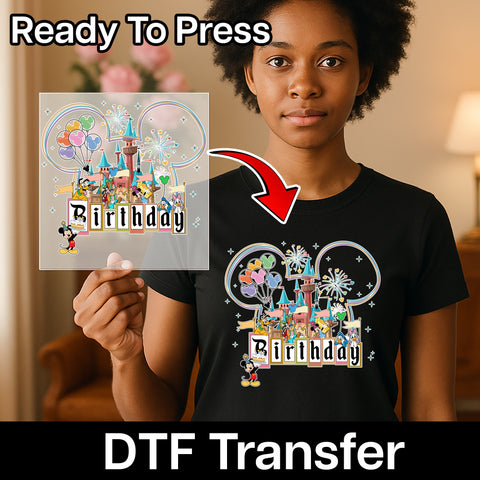 Cute Birthday Castle Cartoon DTF Transfer for Kids & Families - Ready To Press Iron-On for T-shirts & Apparel Celebration
