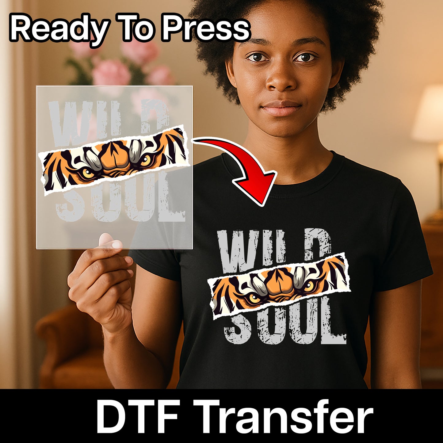 Wild & Fierce Tiger Eyes Iron-On DTF Transfer for Adventure Group Apparel, Edgy Bold Team Shirt Graphic, Animal Lover Clothing