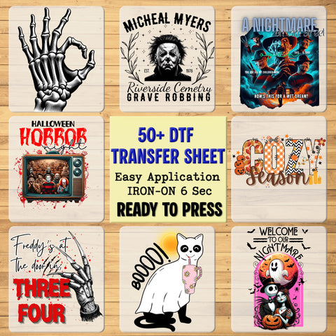 Cute Halloween mummy characters DTF transfer for kids t-shirt, funny spooky pumpkins & bats iron-on, family holiday apparel
