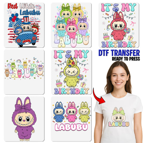 Cute Animal Kawaii Cartoon DTF Transfer for Family Matching Shirts Kids Party Apparel Iron-On Fun Pastel Color Design