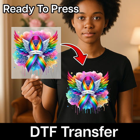 Fight Cancer Rainbow Ribbon DTF Transfer, Cute & Inspirational Iron-On for Survivor Support Apparel, Angel Wings Holiday Gift