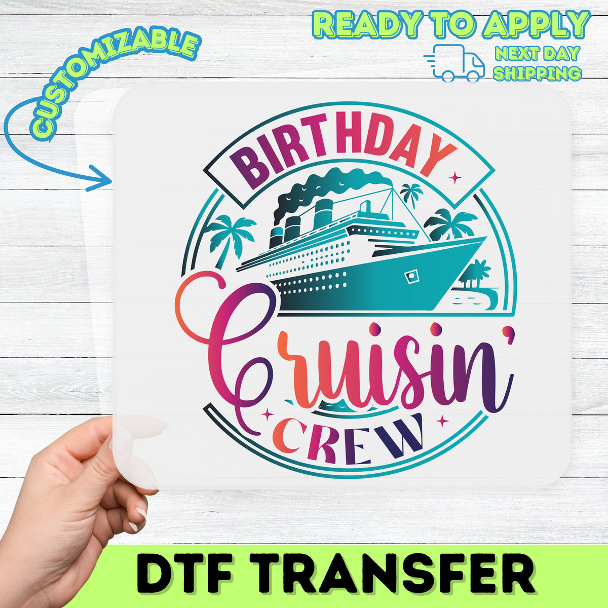 Birthday Cruise Celebration Retro Tropical DTF Transfer, Ready To Press Iron-On for Shirts, Birthday Cruisin' Crew T-Shirt Design