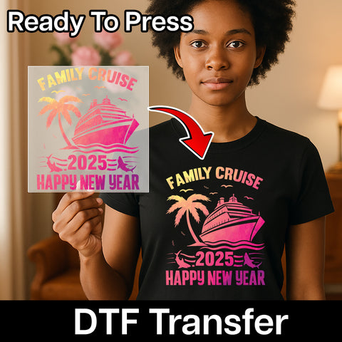 Festive Family Cruise New Year 2025 DTF Transfer, Ready To Press Tropical Sunset Palm & Shark Apparel for Matching Outfits