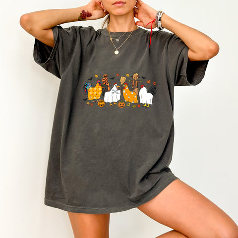 Funny Halloween Chicken DTF Transfer, Ready to Press Iron-On Design, Cute Farmhouse Holiday T-Shirt for Group Costume