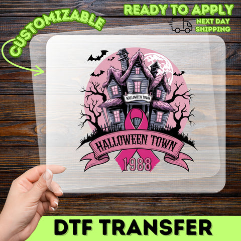 Iron-On Gothic Halloween Breast Cancer Awareness DTF Transfer - Spooky Haunted House Cute Apparel for October Events