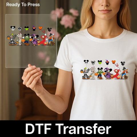 Cute Disney Halloween Character DTF Transfer, Ready To Press for Family Apparel, Kids Shirt, Fun Halloween Iron-On