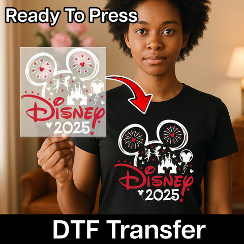 Disney Celebration 2025 Family Trip Shirt DTF Transfer with Fireworks & Mickey Ears Iron-On Ready to Press