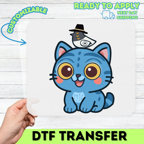 Cute Blue Cat & Bird Hat DTF Transfer for Kids & Family Apparel, Ready to Press Iron-On for Animal Lovers, Matching Event Shirts