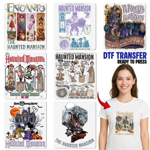 Iron-On Gothic Halloween Haunted Mansion DTF Transfer for Spooky Family Shirts & Group Apparel, Cute and Eerie Design