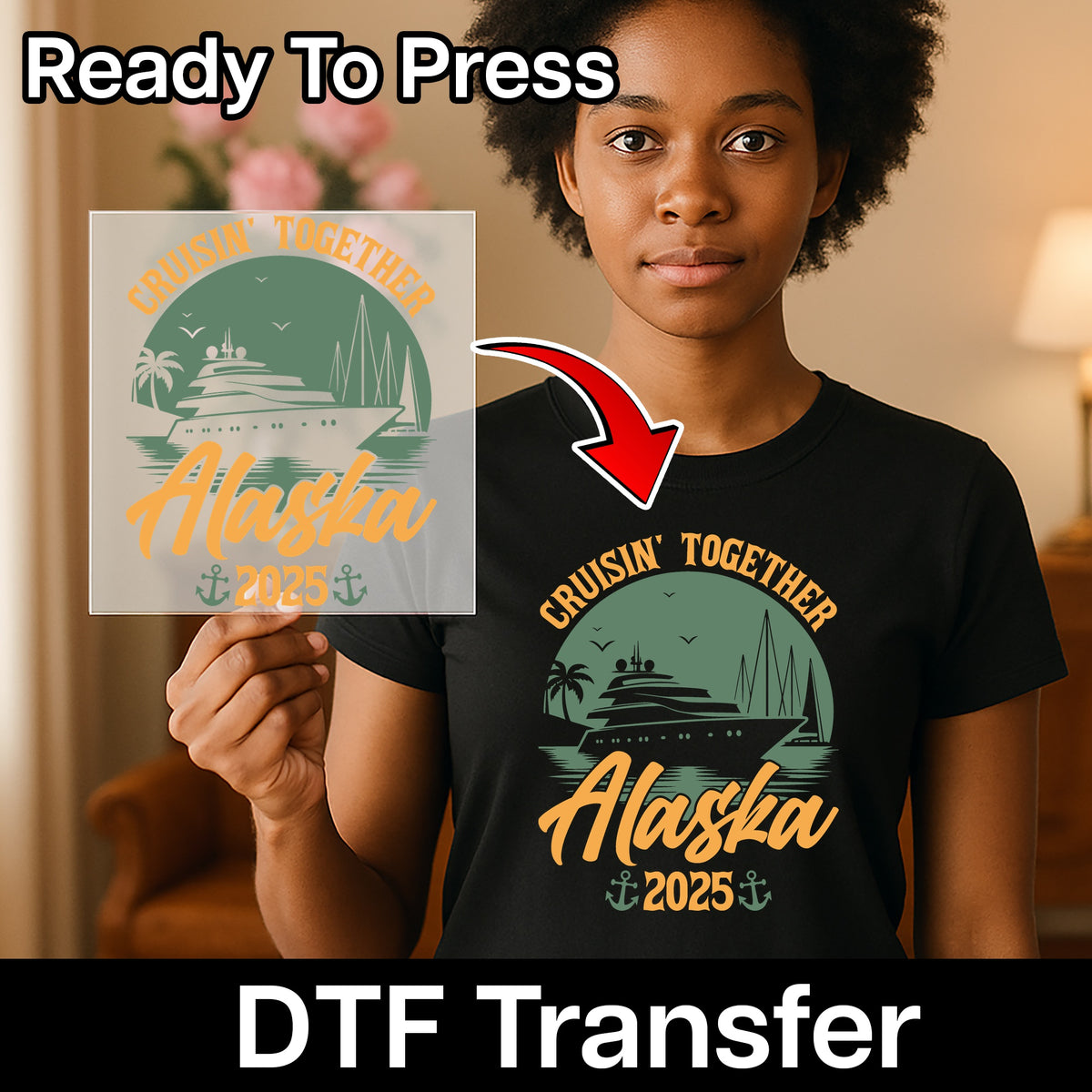 Cruisin' Together Alaska 2025 Vintage Retro DTF Transfer for Family & Friends Cruise T-Shirt, Ready To Press Nautical Theme Apparel