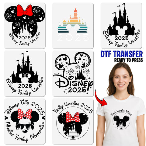 Cute Mouse & Castle 2025 Family Vacation DTF Transfer for Group Travel Shirts, Ready to Press Retro Theme Park Design