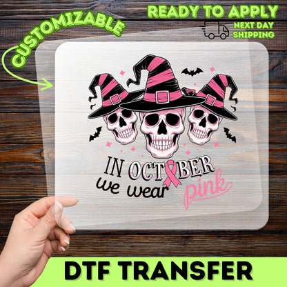 Halloween & Breast Cancer Awareness DTF Transfer for Women T-Shirts Ready to Press Skull Witch Hat Pink Ribbon