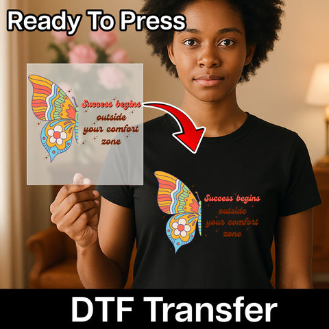 Inspirational Butterfly Comfort Zone Quote DTF Transfer for Retro Boho Apparel & Motivational T-Shirts, Ready to Press