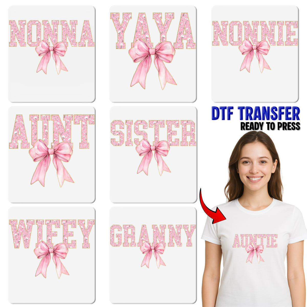 Mom's Day Floral Bow DTF Transfer T-Shirt Design - Cute & Elegant Vintage Theme Ready to Press for Mother's Day Gifts