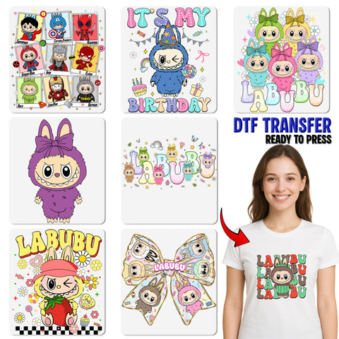 Cute LABUBU Cartoon DTF Transfer for Easter Group Shirts Ready To Press Iron-On Apparel for Kids and Adults