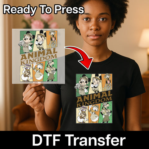 Cute Safari Cartoon Characters DTF Transfer for Family Vacation Shirts, Ready to Press Zoo Trip Apparel, Adventure T-Shirt Design