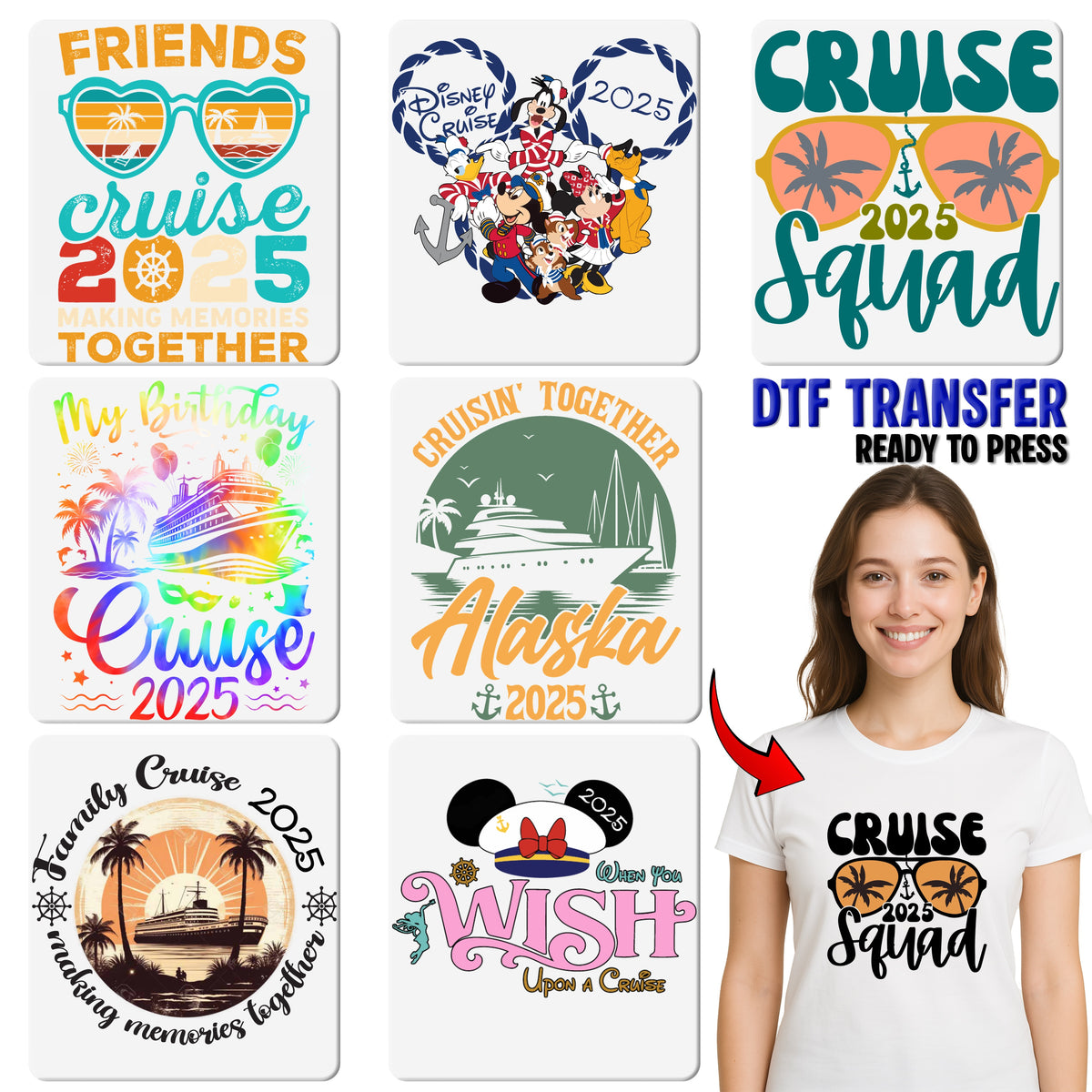 Festive Family Cruise New Year 2025 DTF Transfer, Ready To Press Tropical Sunset Palm & Shark Apparel for Matching Outfits