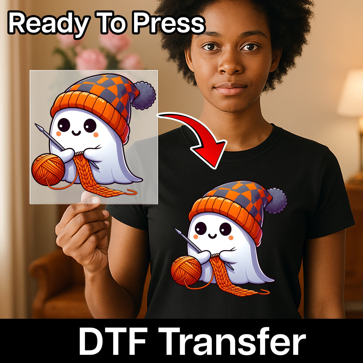 Cute Funny Halloween Knitting Ghost DTF Transfer Design for T-Shirts & Apparel - Ready To Press Iron-On Art